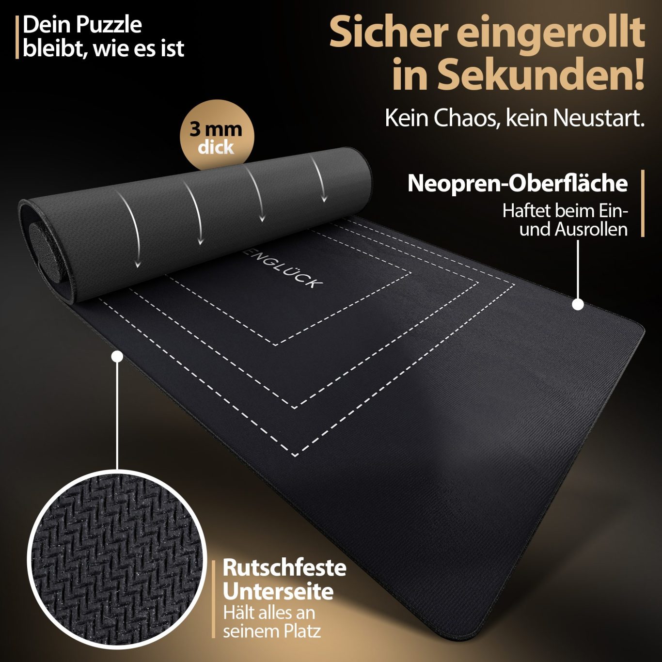 Detailbild der Puzzle Matte mit Polyester Oberfläche und Gummi Unterseite