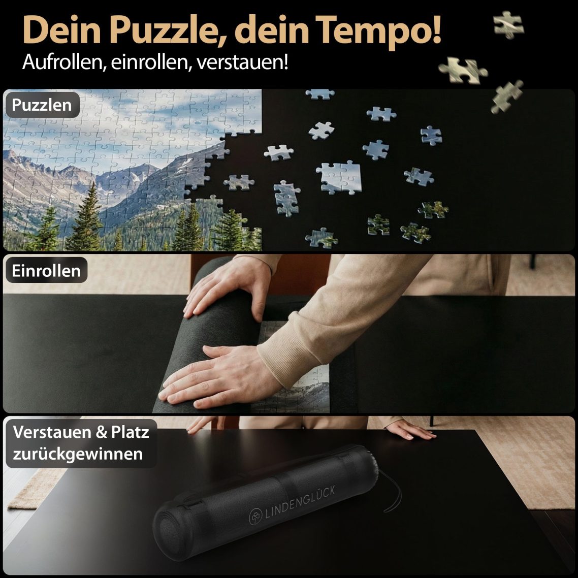 Anleitung um die Puzzleunterlage von Lindeglück aufrzurollen. Aufrollen, einrollen, verstauen
