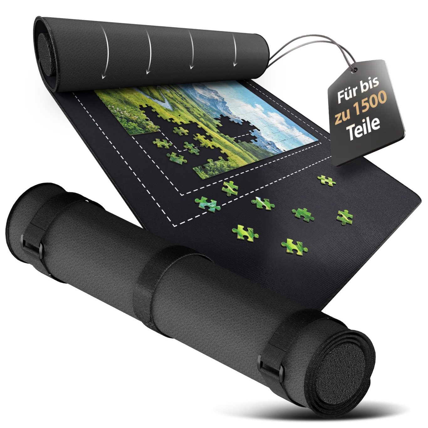 Aufgerollte Gummi Puzzlematte Aufgerollt mit Badge für bis zu 1500 Teile